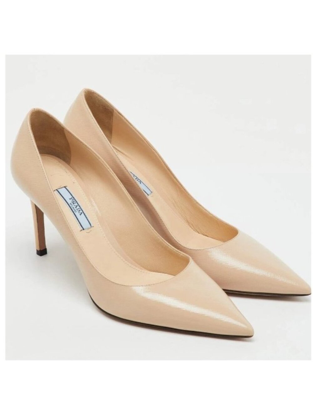 PRADA Beige Saffiano Patent Leather Pointed Toe Pumps Size 36.5